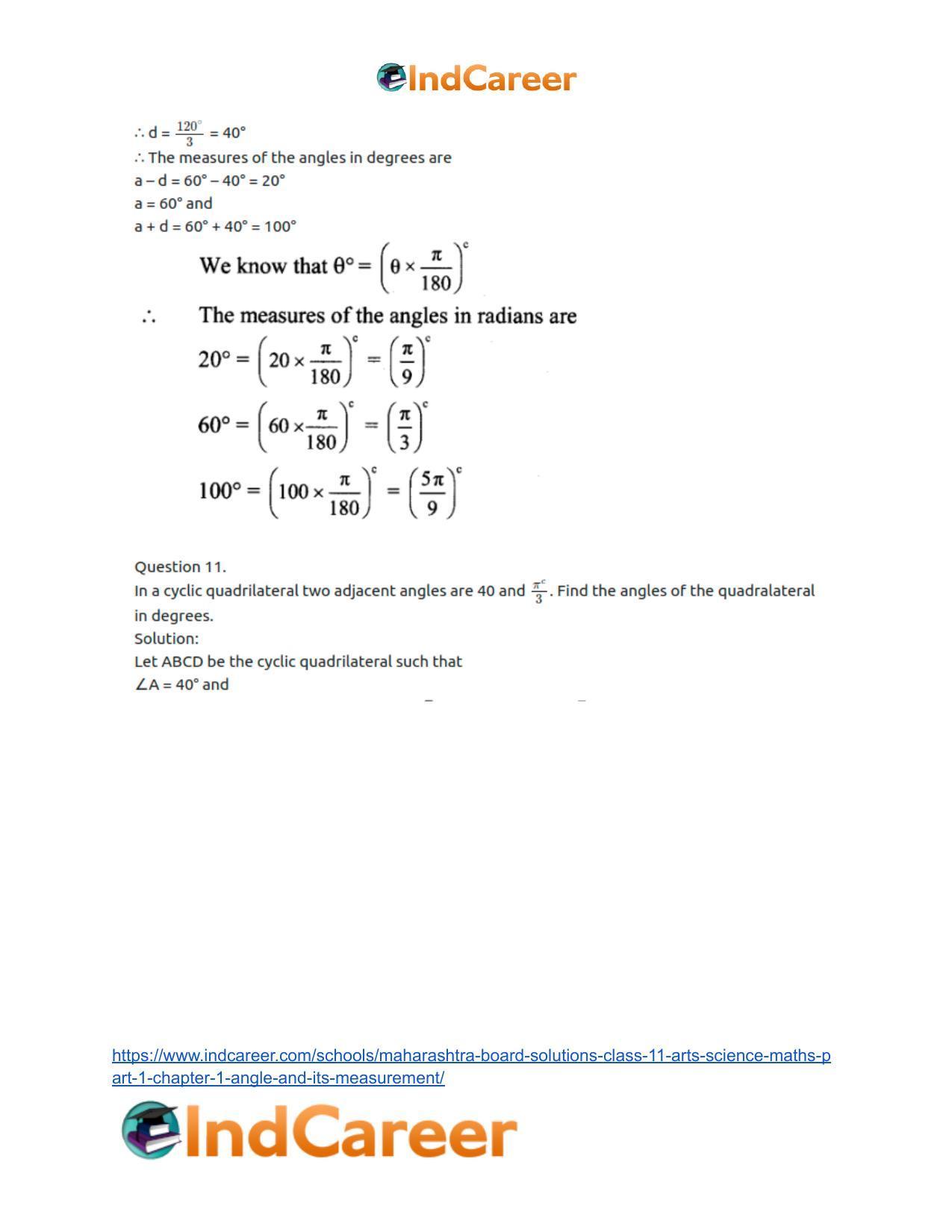 Maharashtra Board Solutions Class 11-Arts & Science Maths (Part 1): Chapter 1- Angle and its Measurement - Page 22