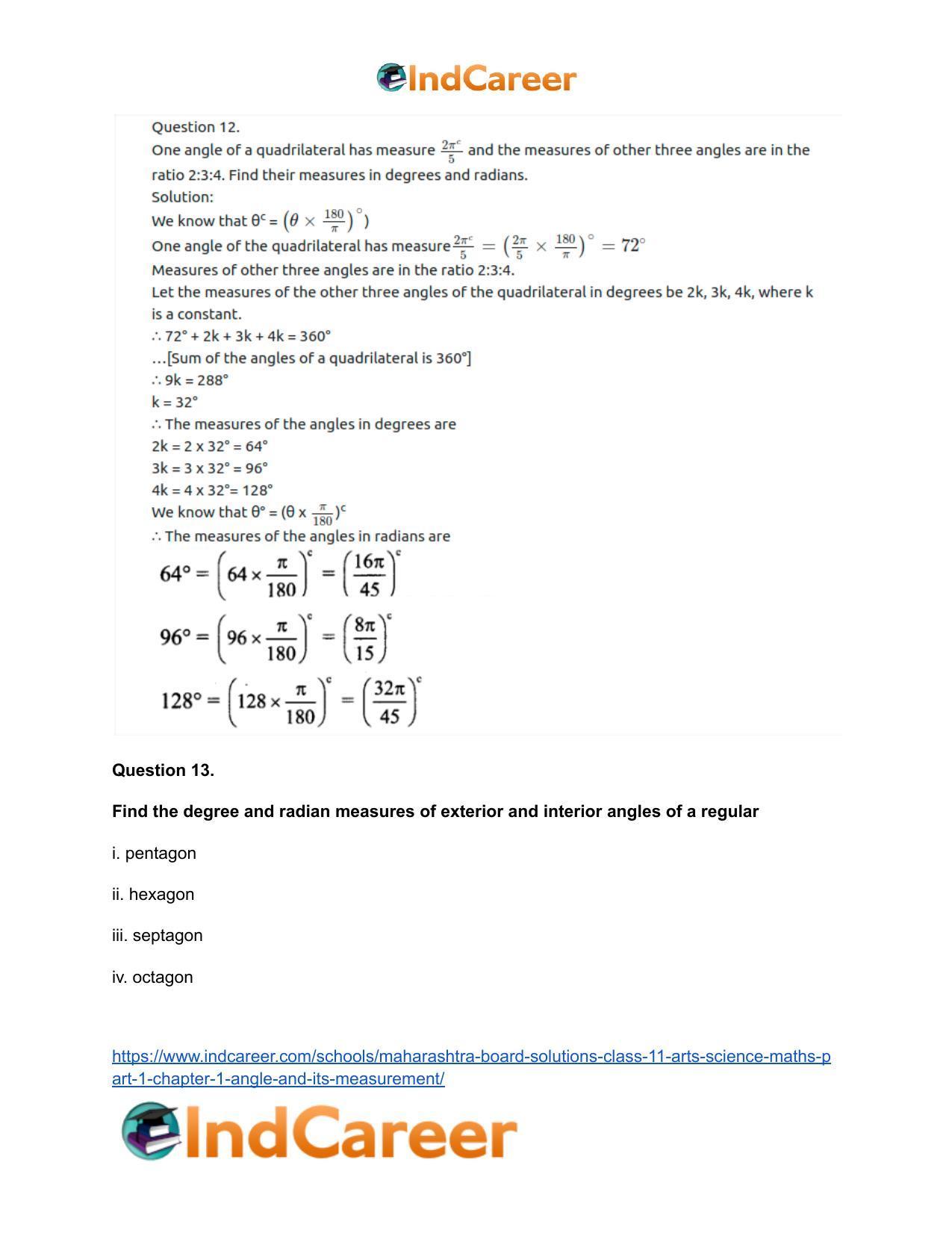 Maharashtra Board Solutions Class 11-Arts & Science Maths (Part 1): Chapter 1- Angle and its Measurement - Page 24