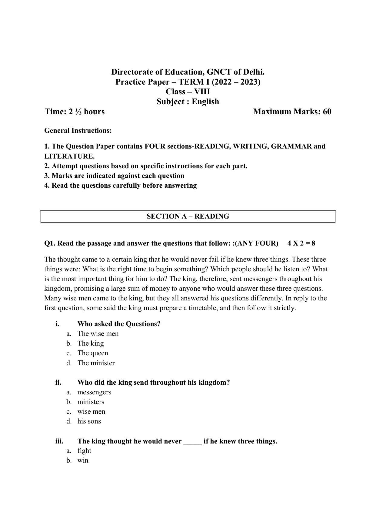 Edudel Class 8 English Sample Question Paper - Page 1