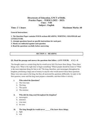 Edudel Class 8 English Sample Question Paper