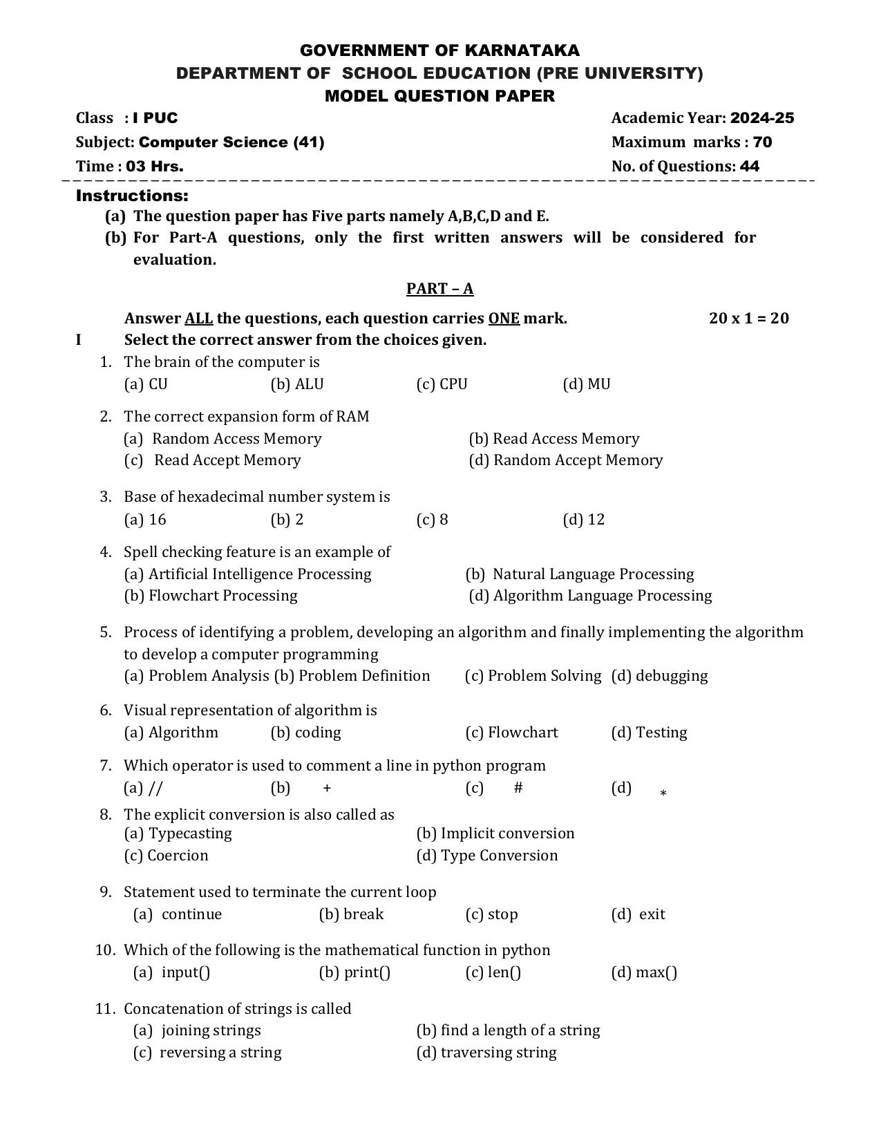 Karnataka 1st PUC Computer Science Model Question Paper 2025 - Page 1