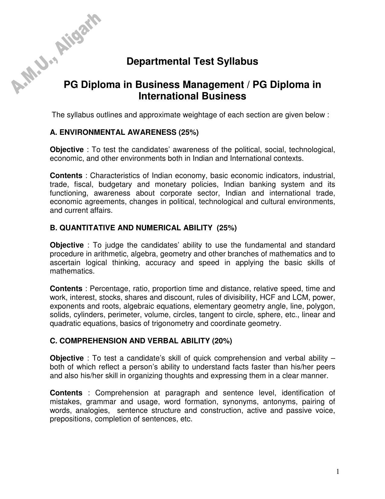 AMU Entrance Exam: P.G. Diploma in International Business Syllabus - Page 1