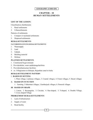 CBSE Worksheets for Class 12 Geography Human Settlements