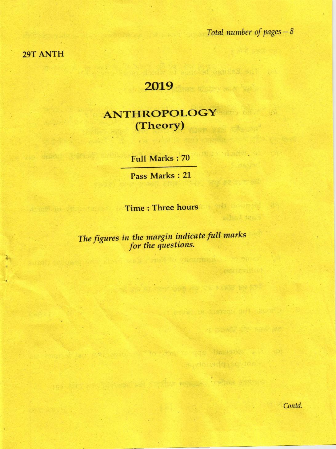 AHSEC Class 12 Anthropology 2019 Question Papers  - Page 1