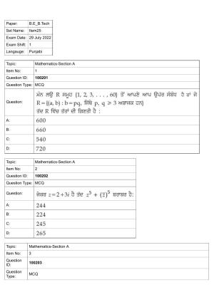 JEE Mains 2022: BTech Punjabi (Shift 1) 29-07-2022 Question Paper