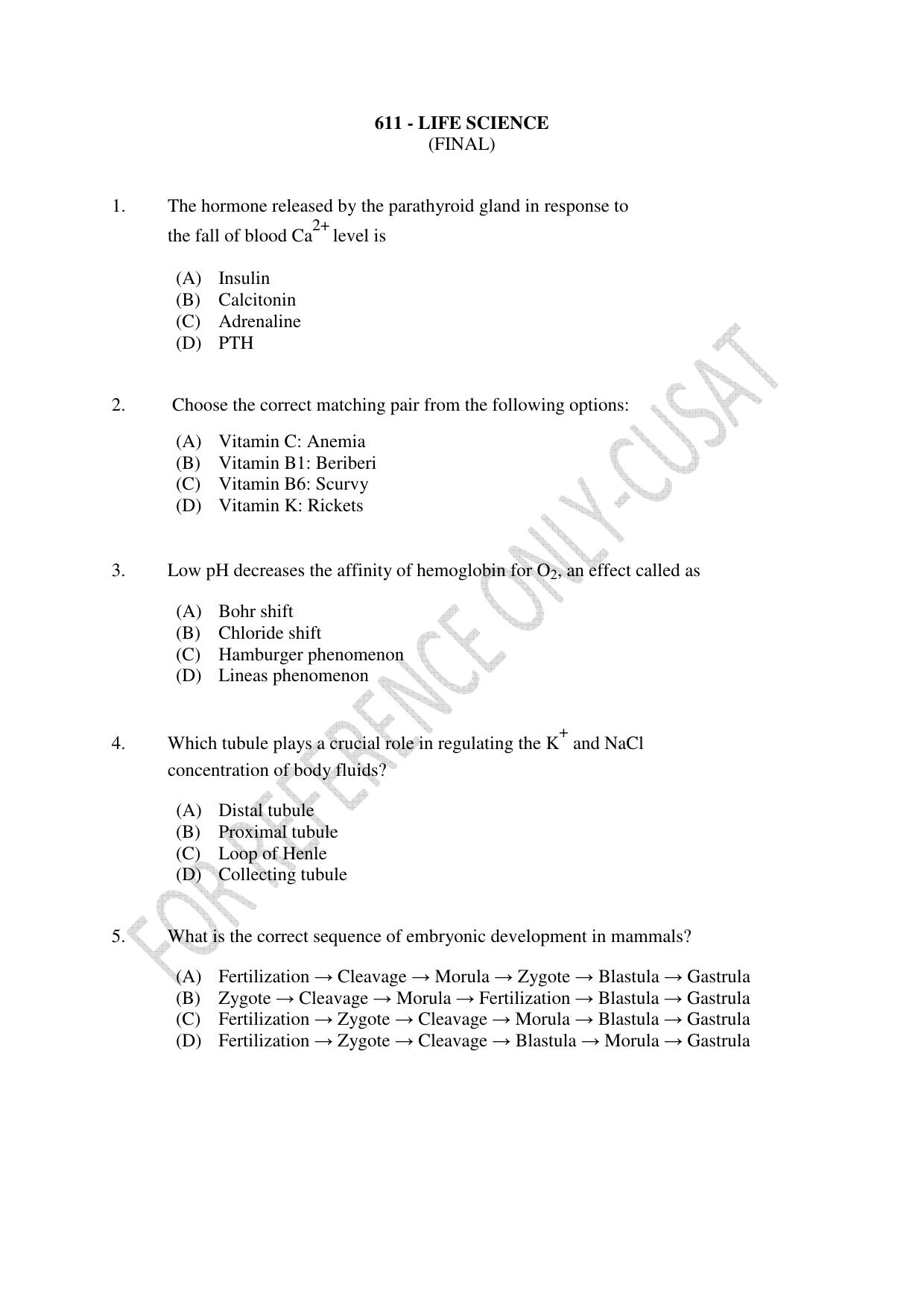 CUSAT CAT 2022 LIFE SCIENCE Question Paper - Page 1