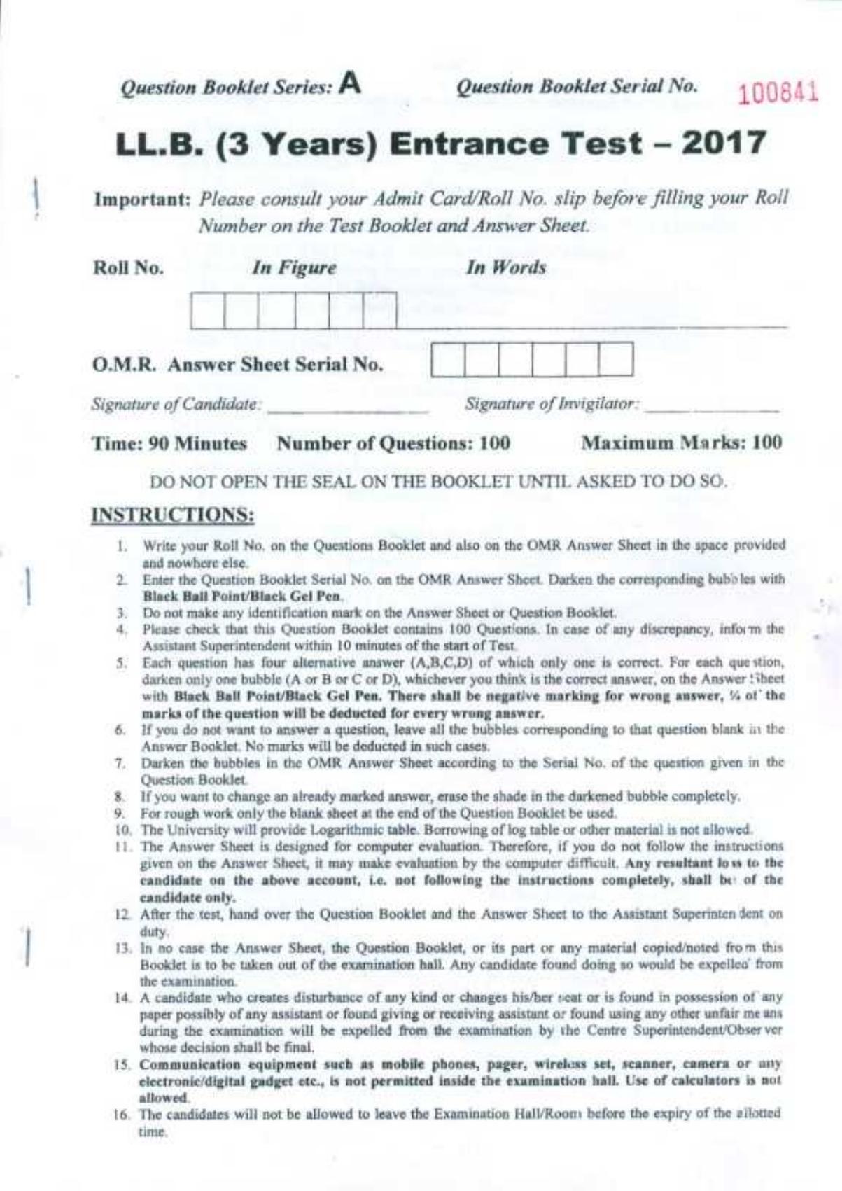 PU LLB 2017 Question Paper - Page 1