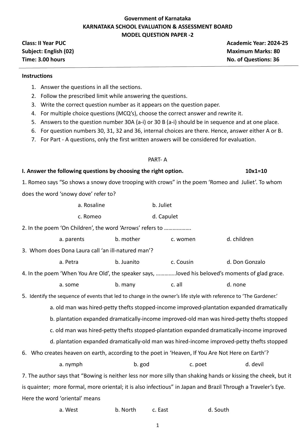 Karnataka II PUC English Model Question Paper II 2025 - Page 1