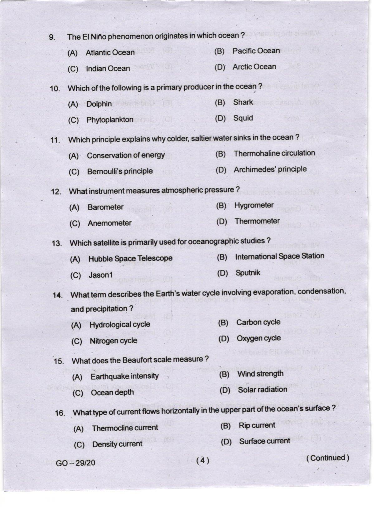 Odisha CPET 2024 OCEANOGRAPHY Question Papers - Page 4