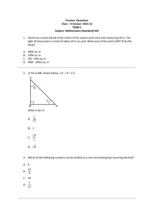 CBSE Class 10 Mathematics (Standard) Practice Questions 2021-22