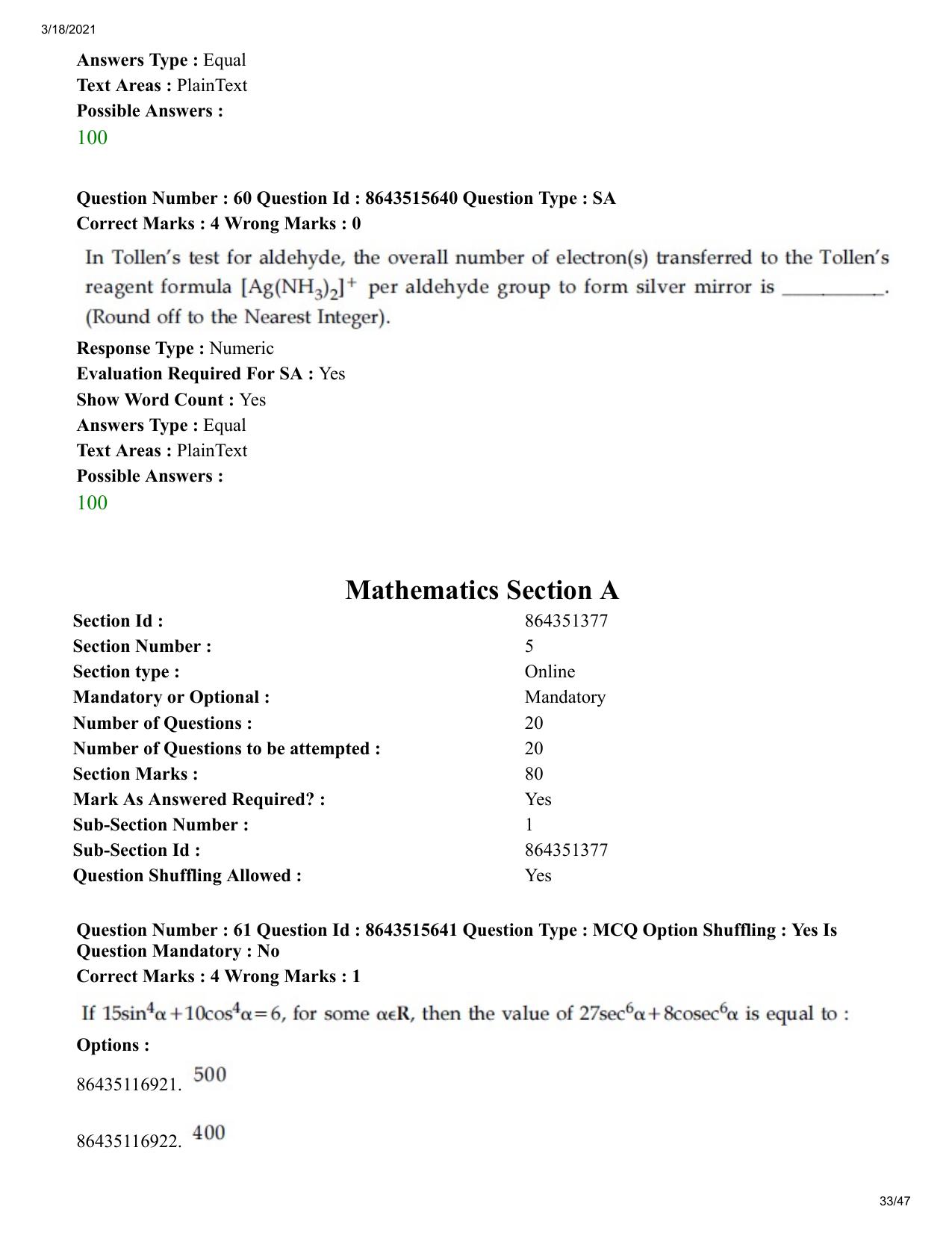 JEE Mains 2021: BTech (Shift 2) 18-03-2021 Question Paper - Page 33