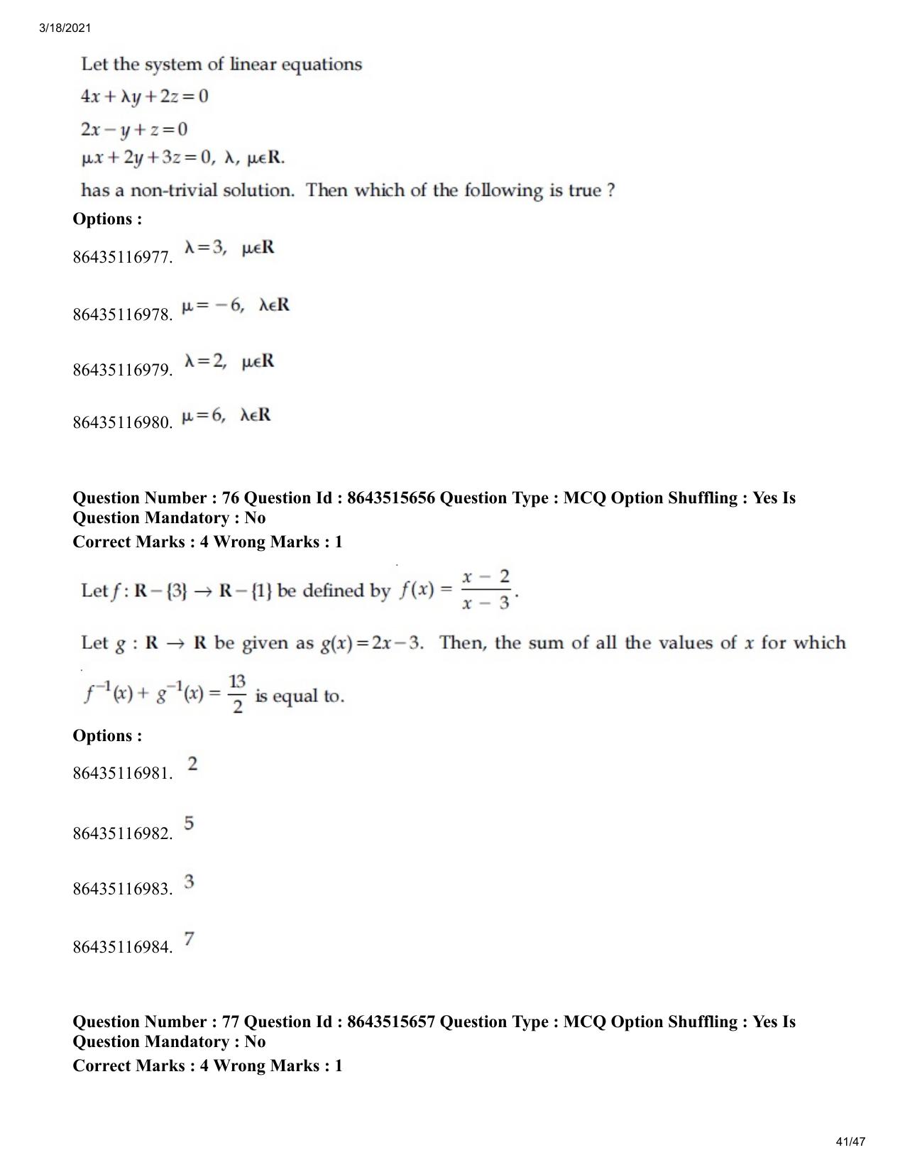 JEE Mains 2021: BTech (Shift 2) 18-03-2021 Question Paper - Page 41