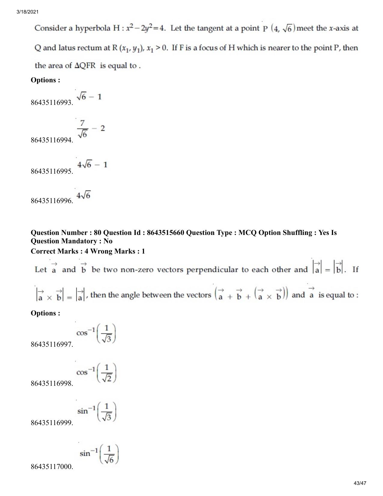 JEE Mains 2021: BTech (Shift 2) 18-03-2021 Question Paper - Page 43