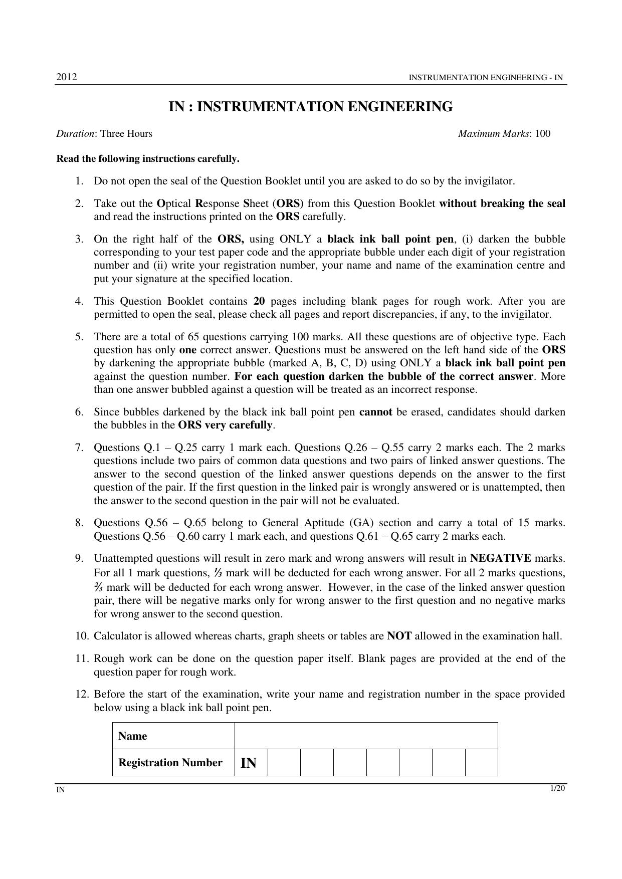 GATE 2012 Instrumentation Engineering (IN) Question Paper with Answer Key - Page 1