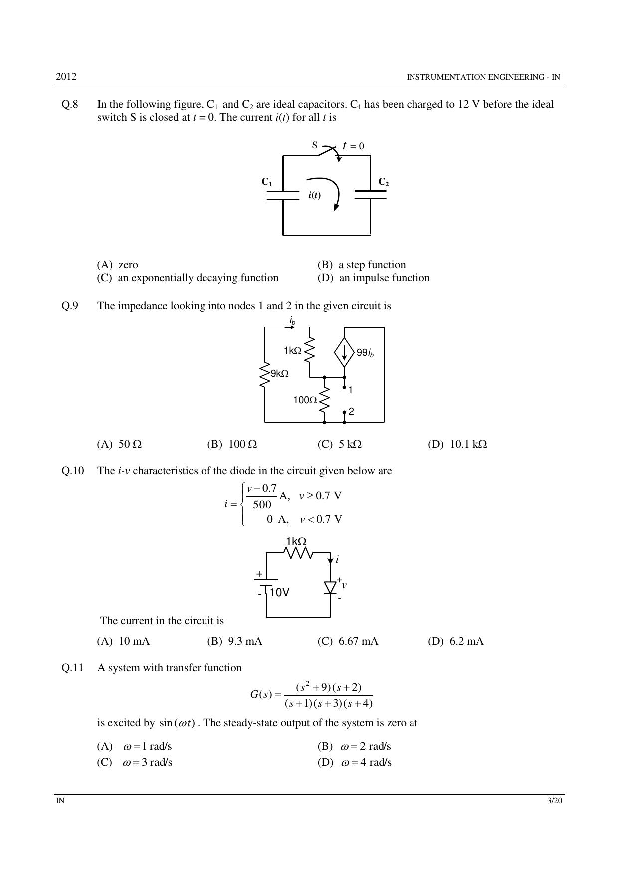 GATE 2012 Instrumentation Engineering (IN) Question Paper with Answer Key - Page 3