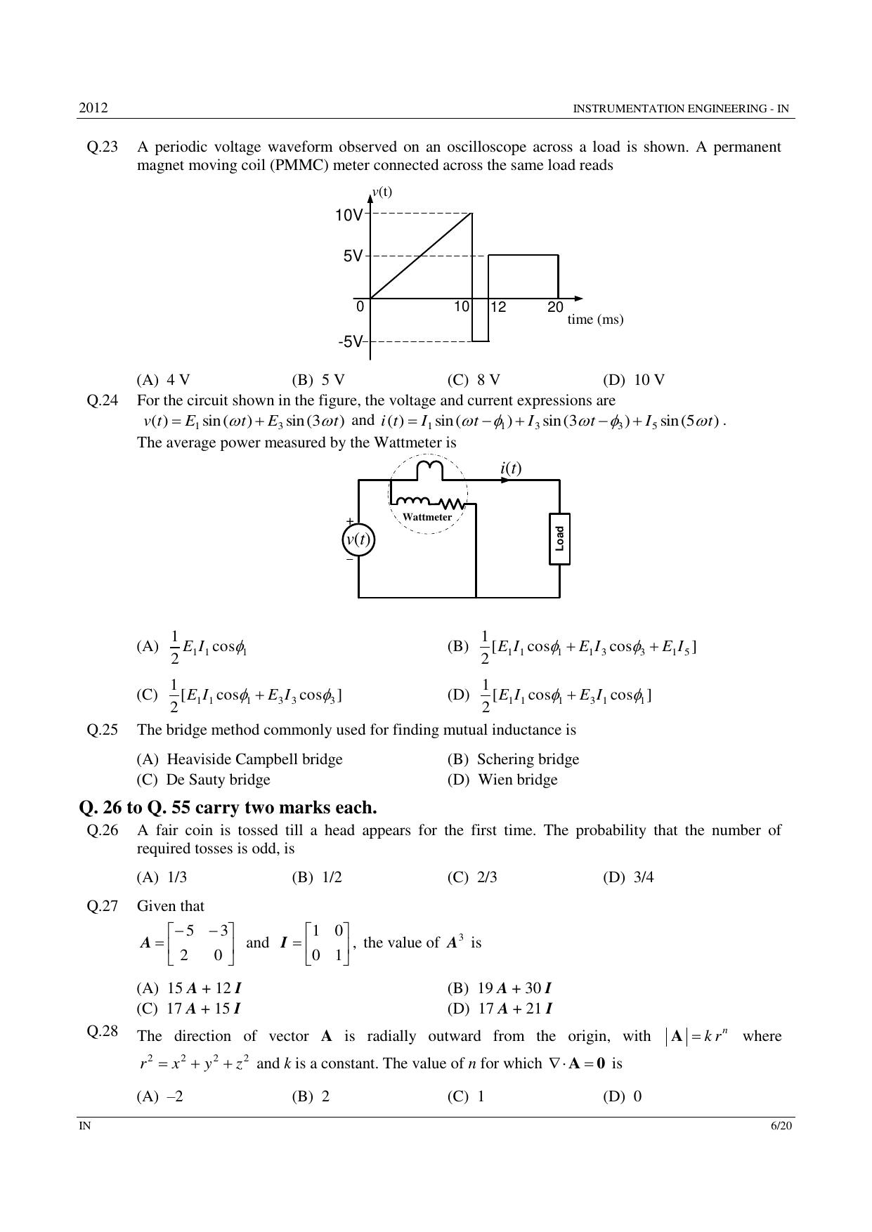 GATE 2012 Instrumentation Engineering (IN) Question Paper with Answer Key - Page 6