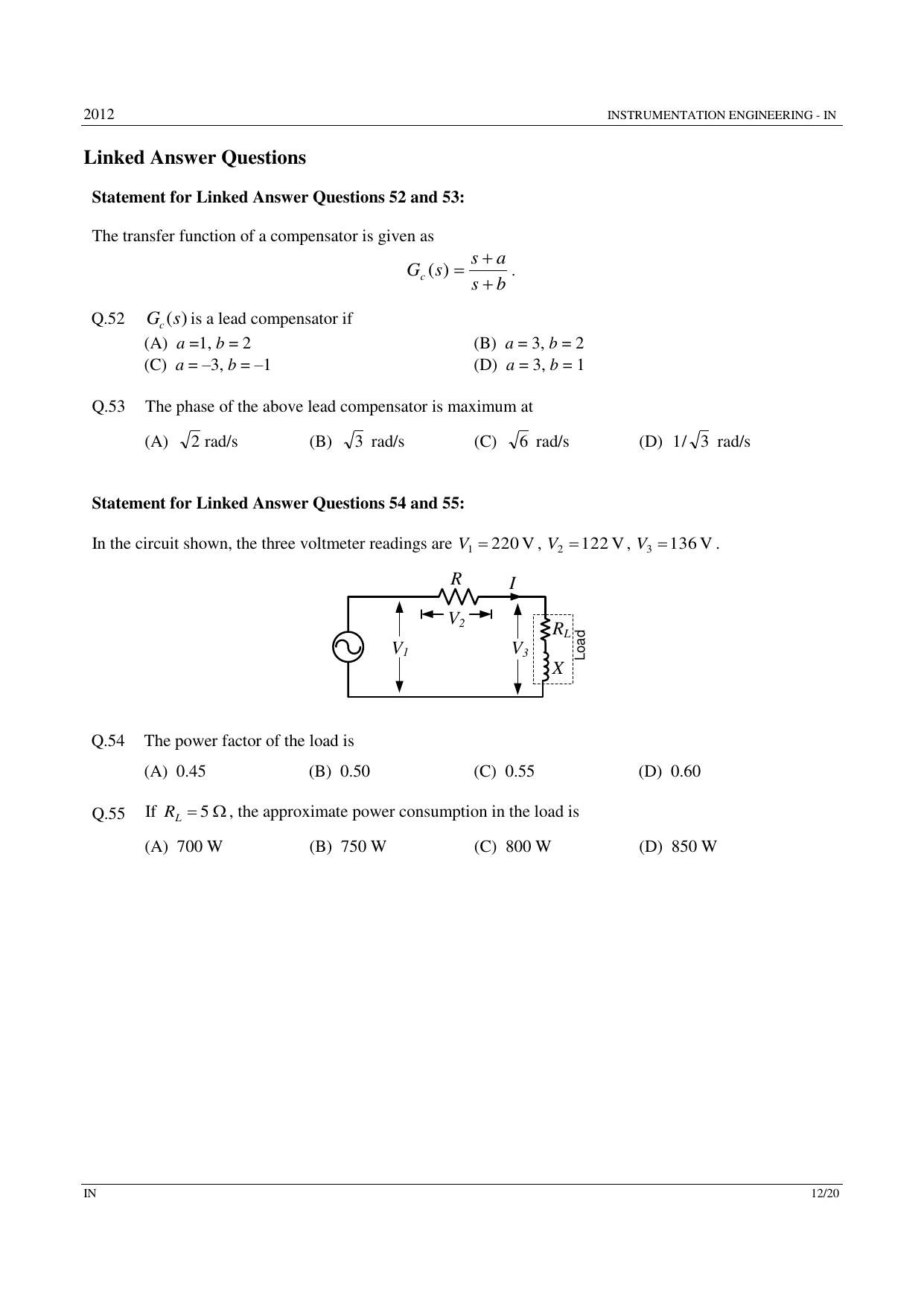 GATE 2012 Instrumentation Engineering (IN) Question Paper with Answer Key - Page 12