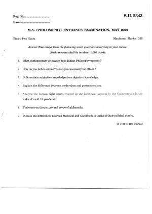SSUS Entrance Exam PHILOSOPHY 2020 Question Paper