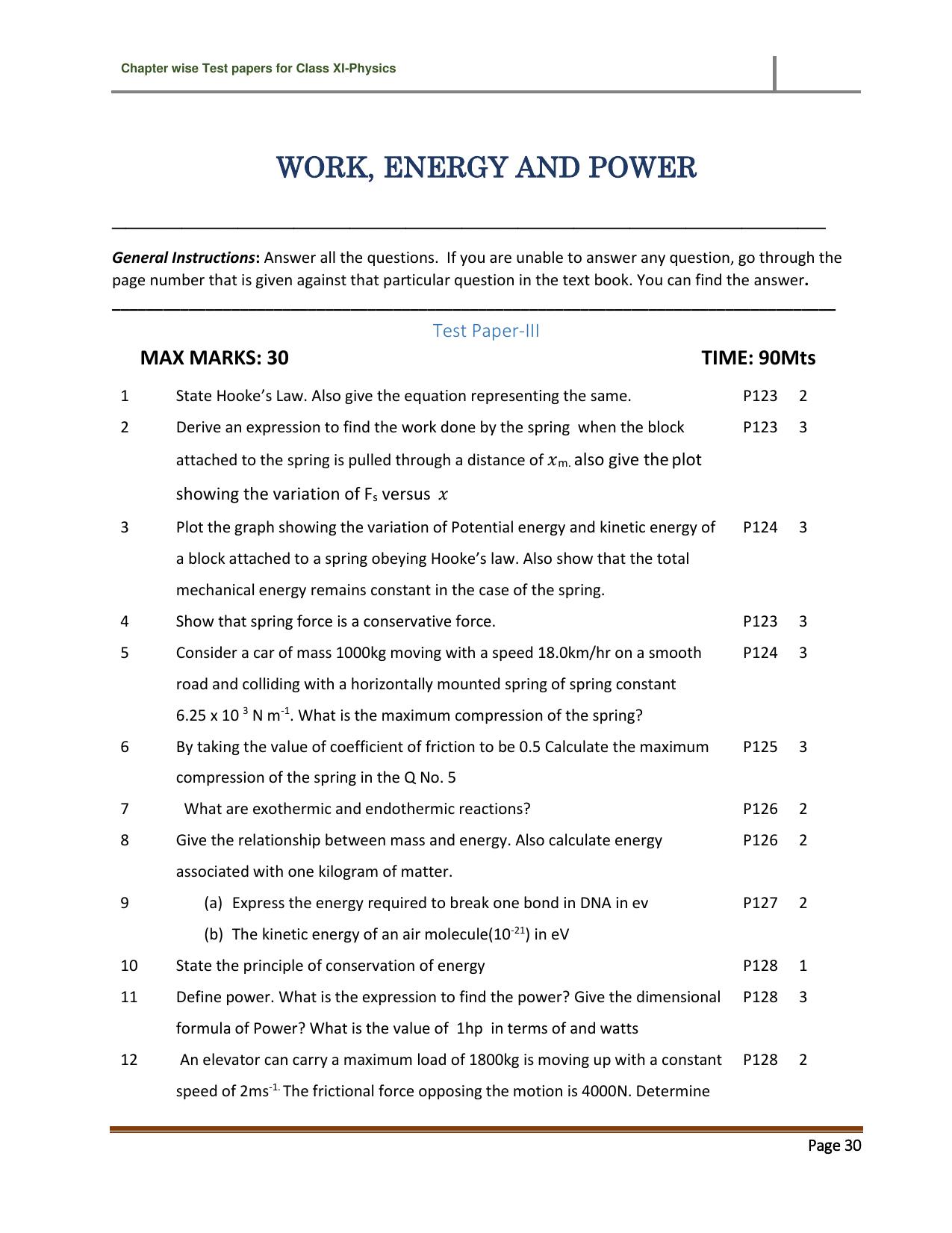 CBSE Worksheets for Class 11 Physics Work Energy and Power Assignment 3 - Page 1