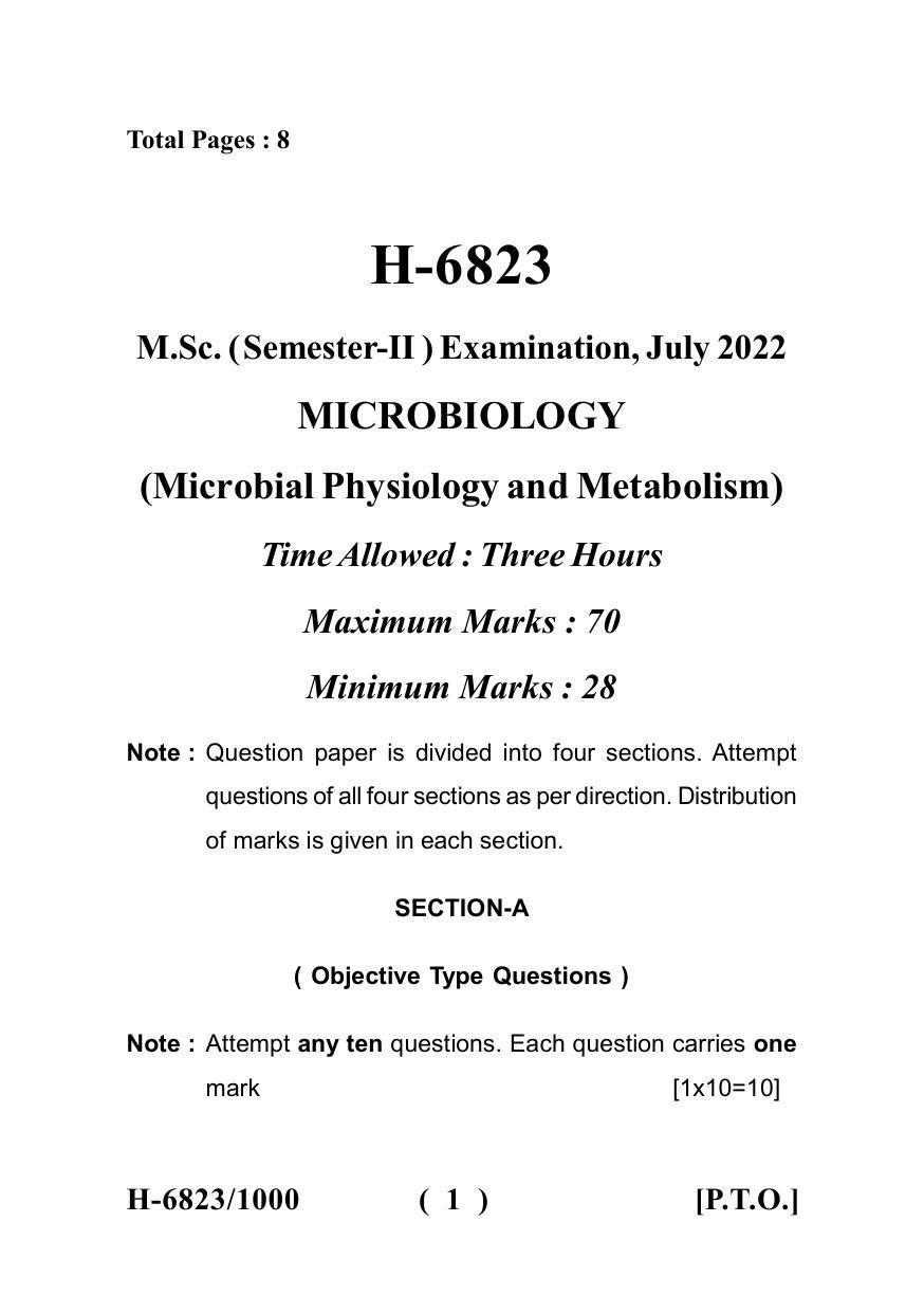 Sarguja University Question Paper July-2022 :  M.Sc. In Micro-Biology(Second Sem.) Microbial Physiology And Metabolism Paper 1 - Page 1