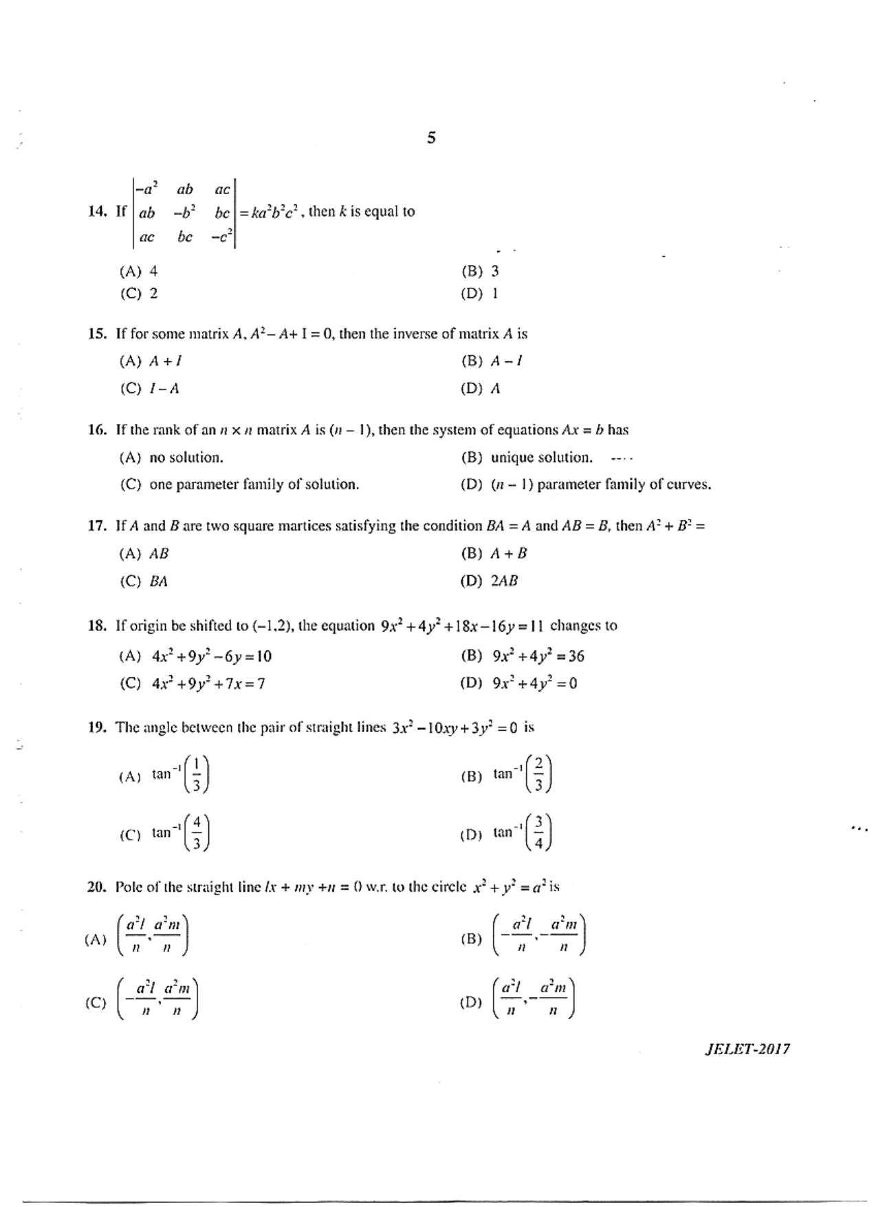 WBJEE JELET 2017 ( B.Sc. ) - Page 5