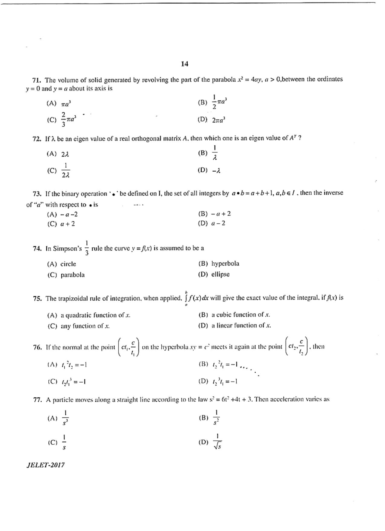 WBJEE JELET 2017 ( B.Sc. ) - Page 14