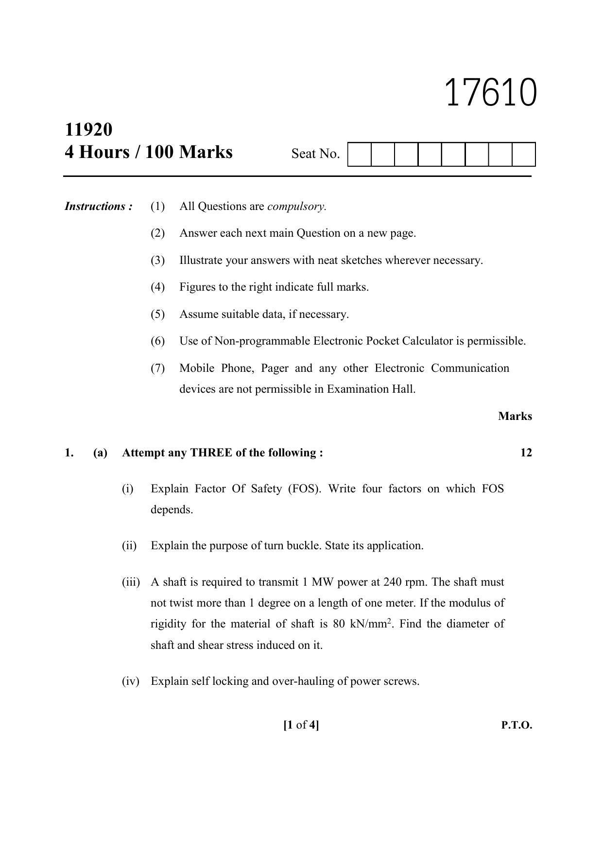 MSBTE Winter Question Paper 2019 - Design of Machine Elements - Page 1