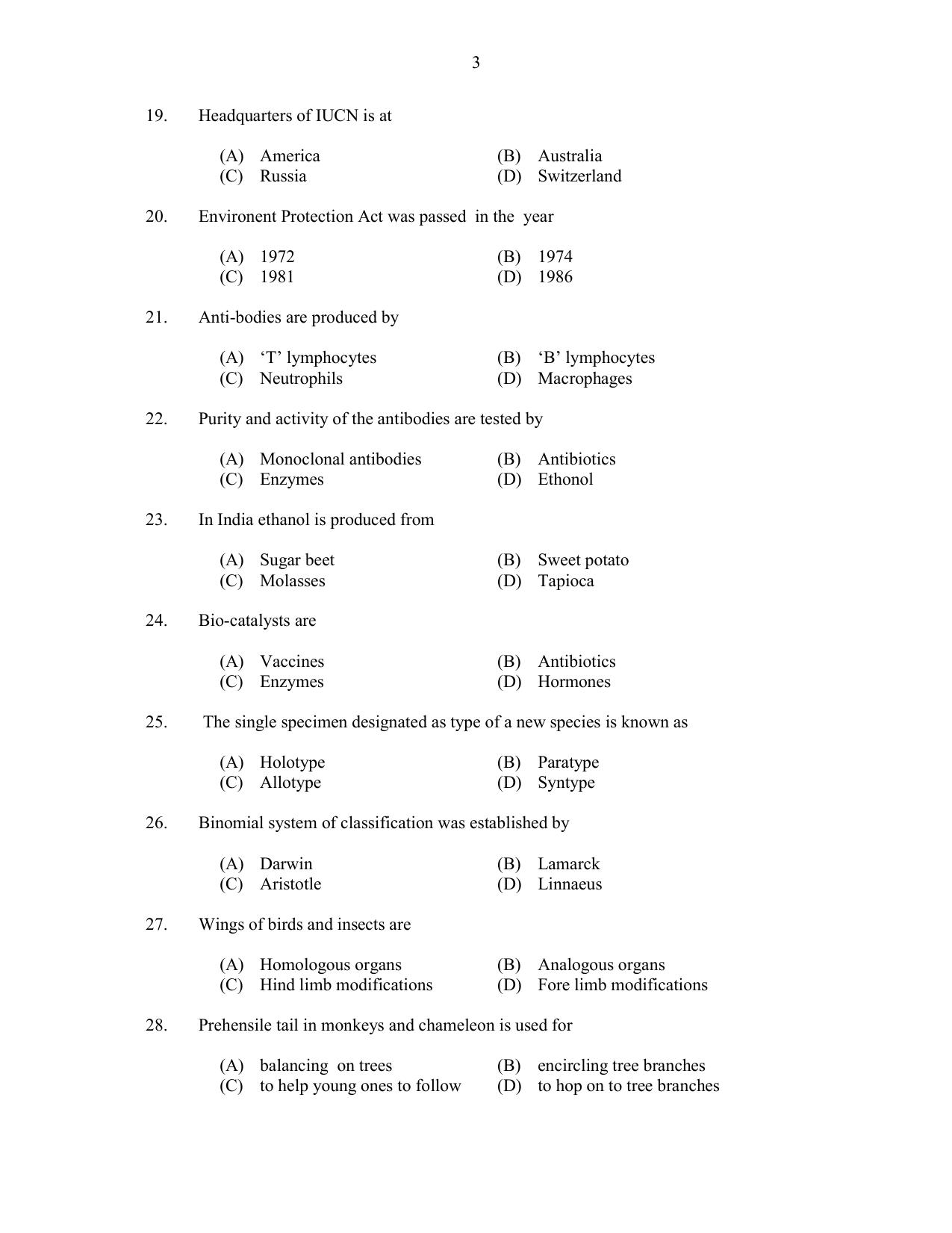 CUSAT CAT 2017 Zoology Question Paper - Page 3