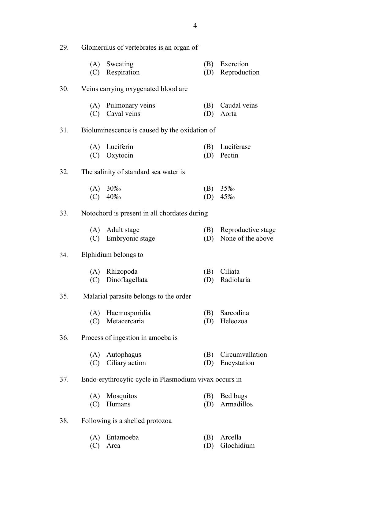 CUSAT CAT 2017 Zoology Question Paper - Page 4