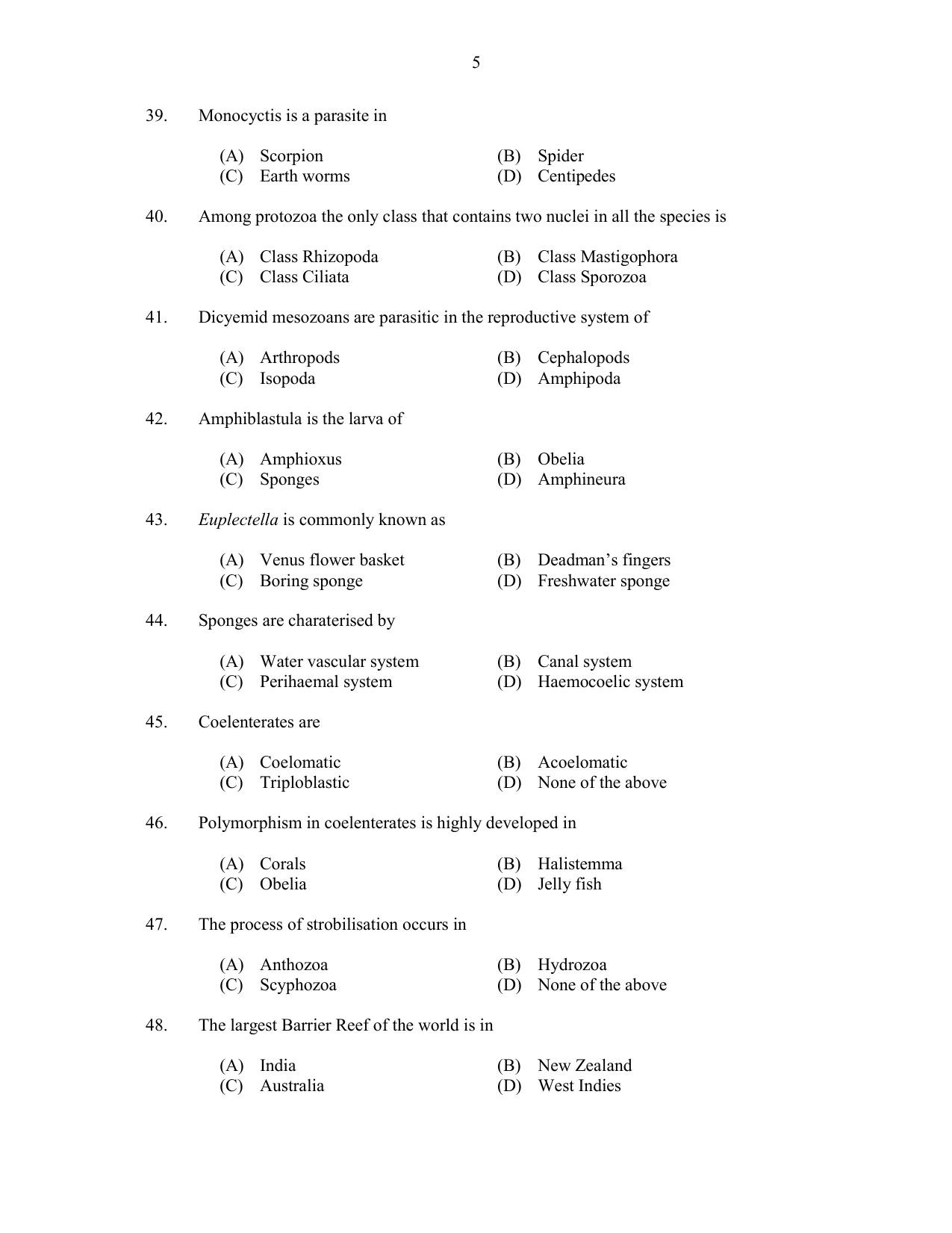 CUSAT CAT 2017 Zoology Question Paper - Page 5