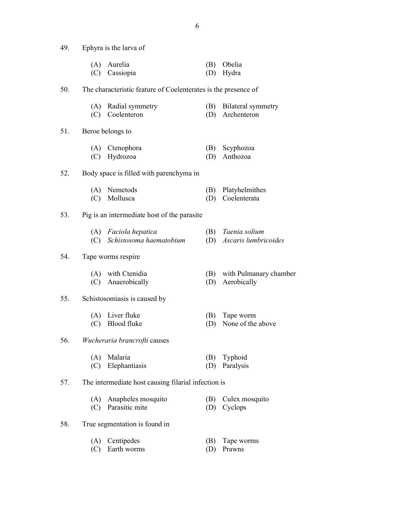 CUSAT CAT 2017 Zoology Question Paper - Page 6