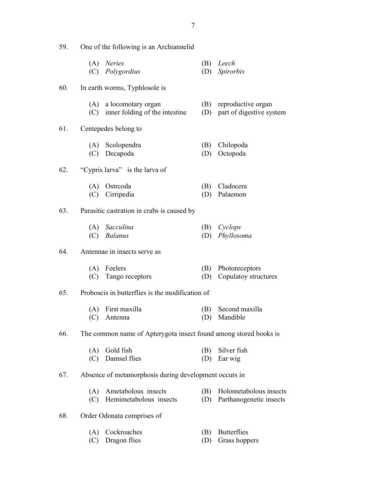 CUSAT CAT 2017 Zoology Question Paper - Page 7