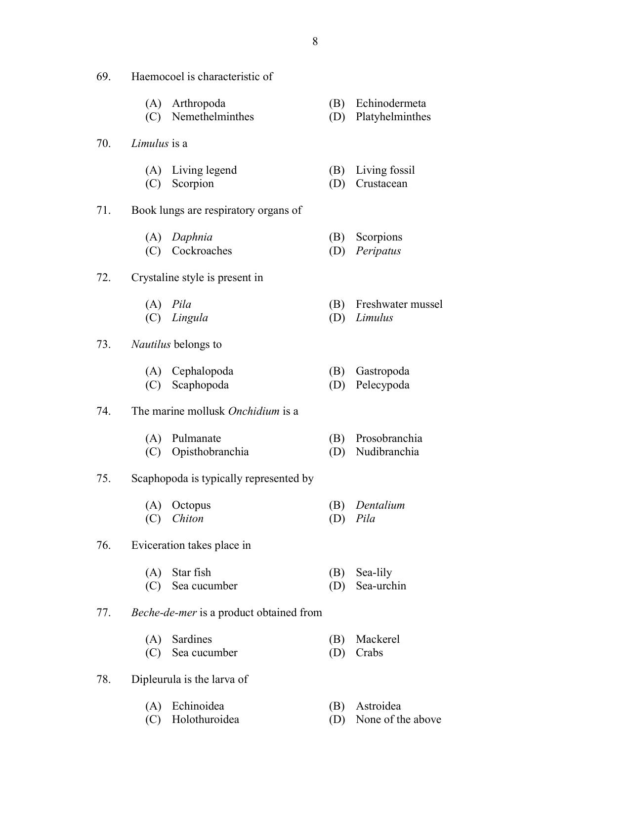 CUSAT CAT 2017 Zoology Question Paper - Page 8