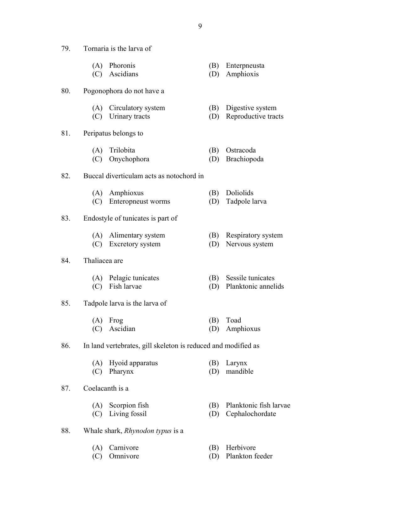 CUSAT CAT 2017 Zoology Question Paper - Page 9