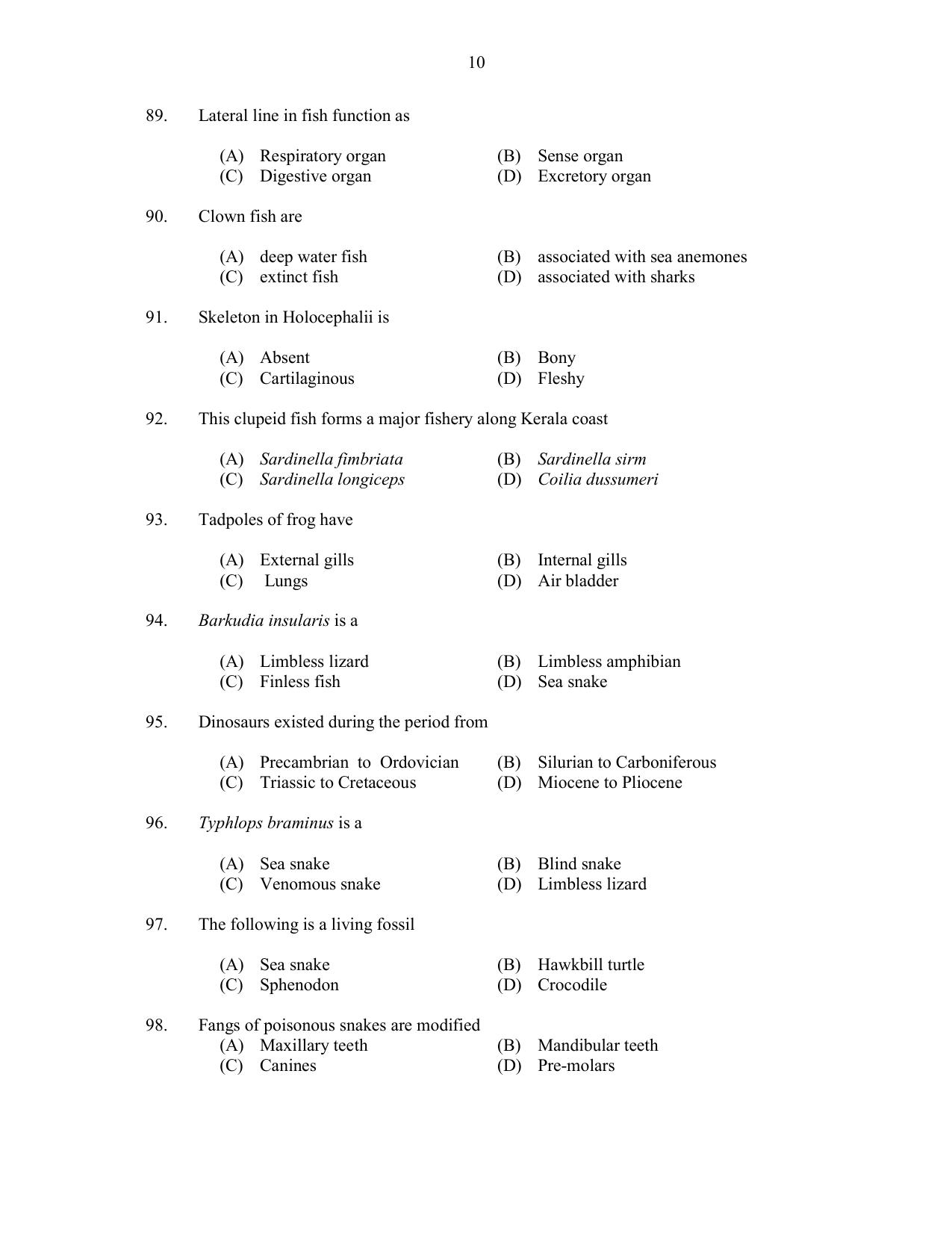 CUSAT CAT 2017 Zoology Question Paper - Page 10
