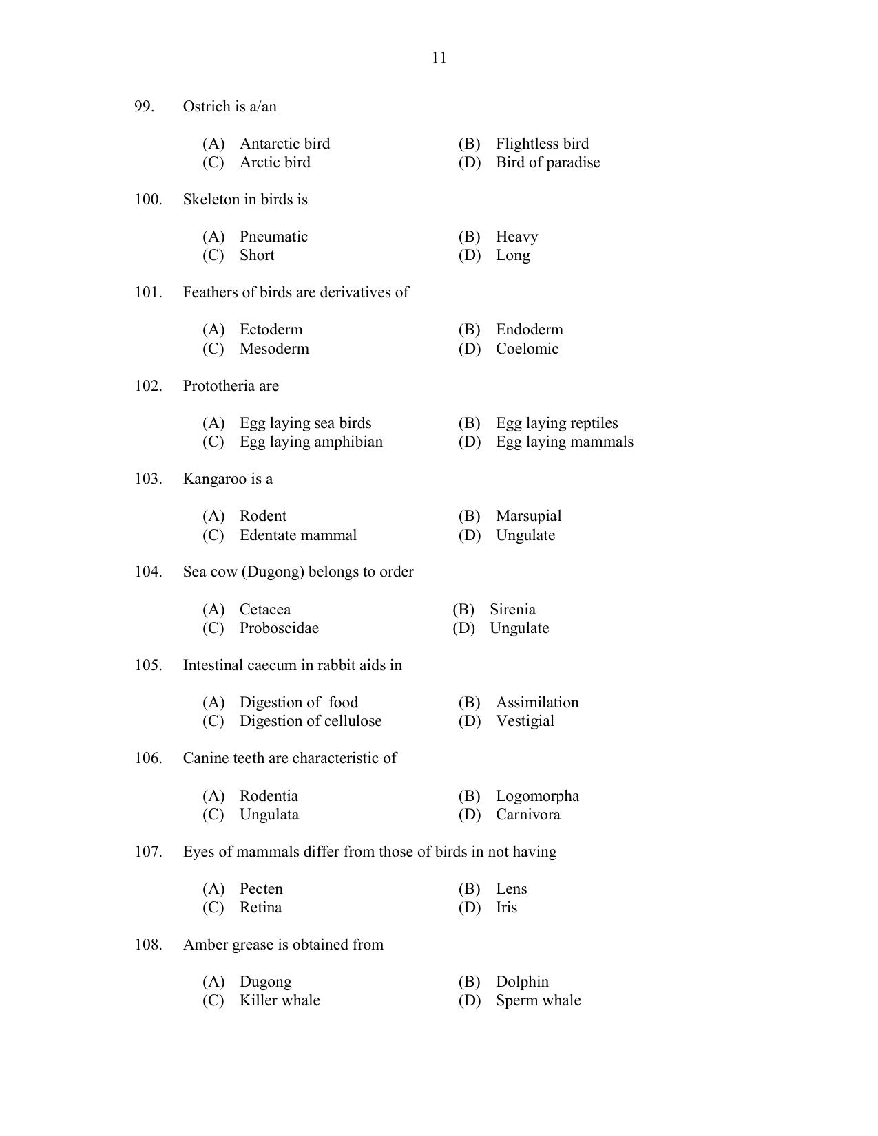 CUSAT CAT 2017 Zoology Question Paper - Page 11