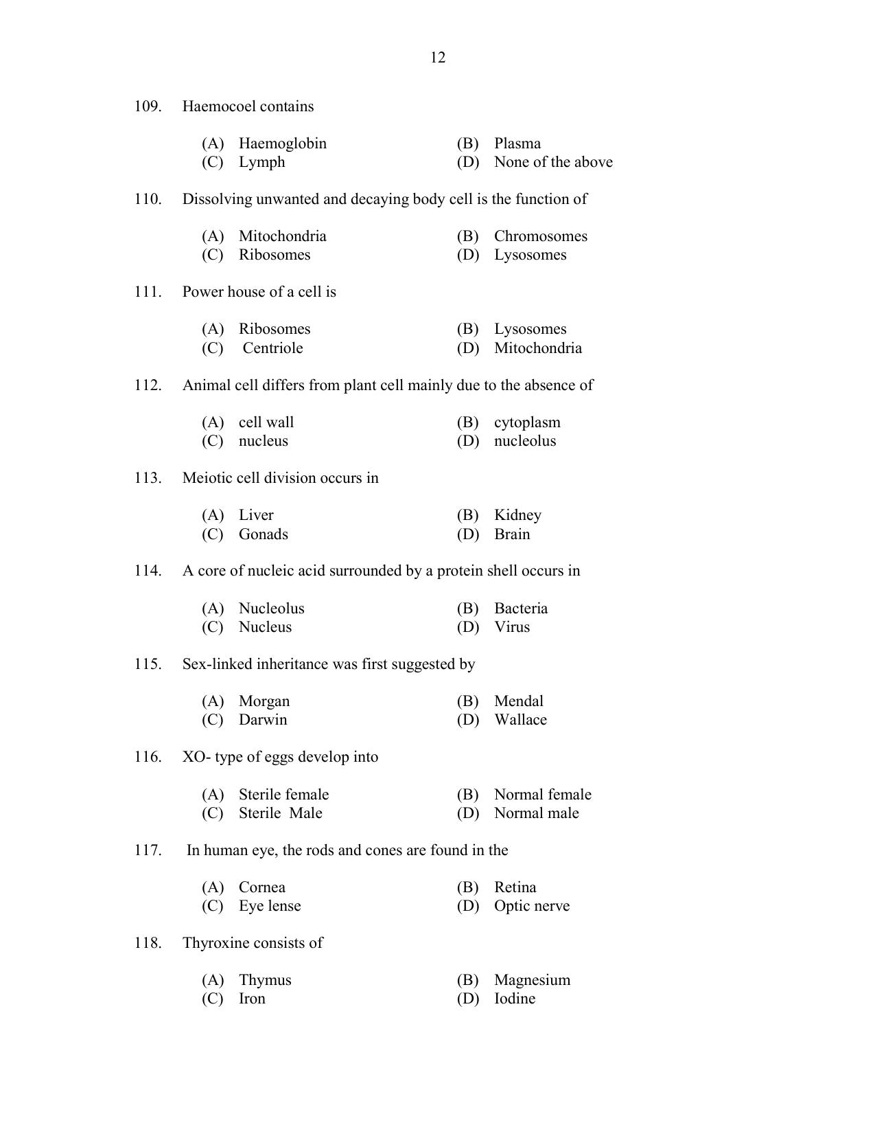 CUSAT CAT 2017 Zoology Question Paper - Page 12