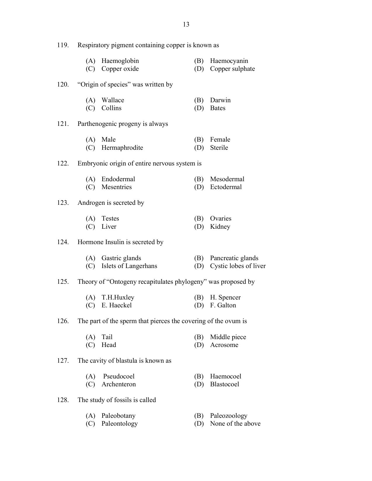 CUSAT CAT 2017 Zoology Question Paper - Page 13