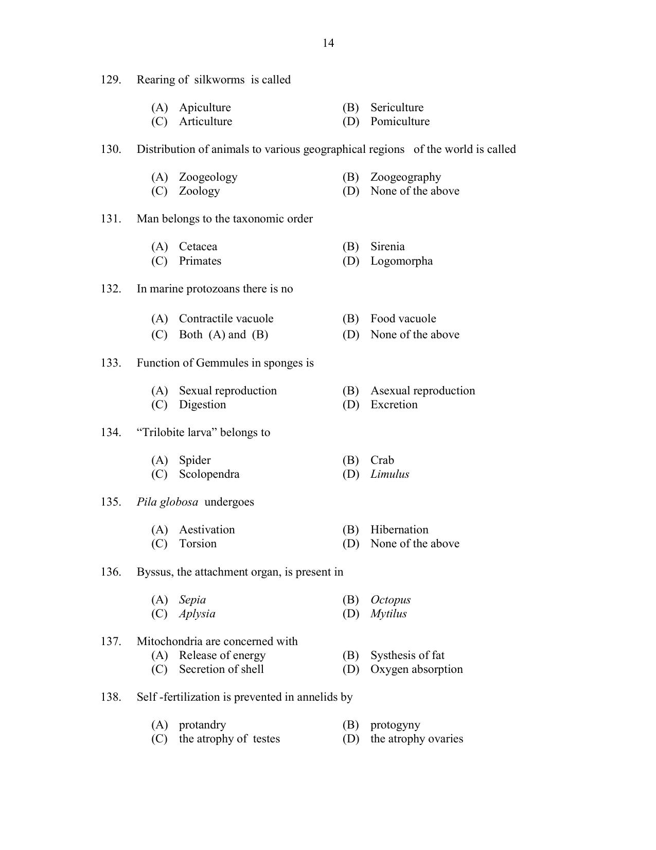 CUSAT CAT 2017 Zoology Question Paper - Page 14