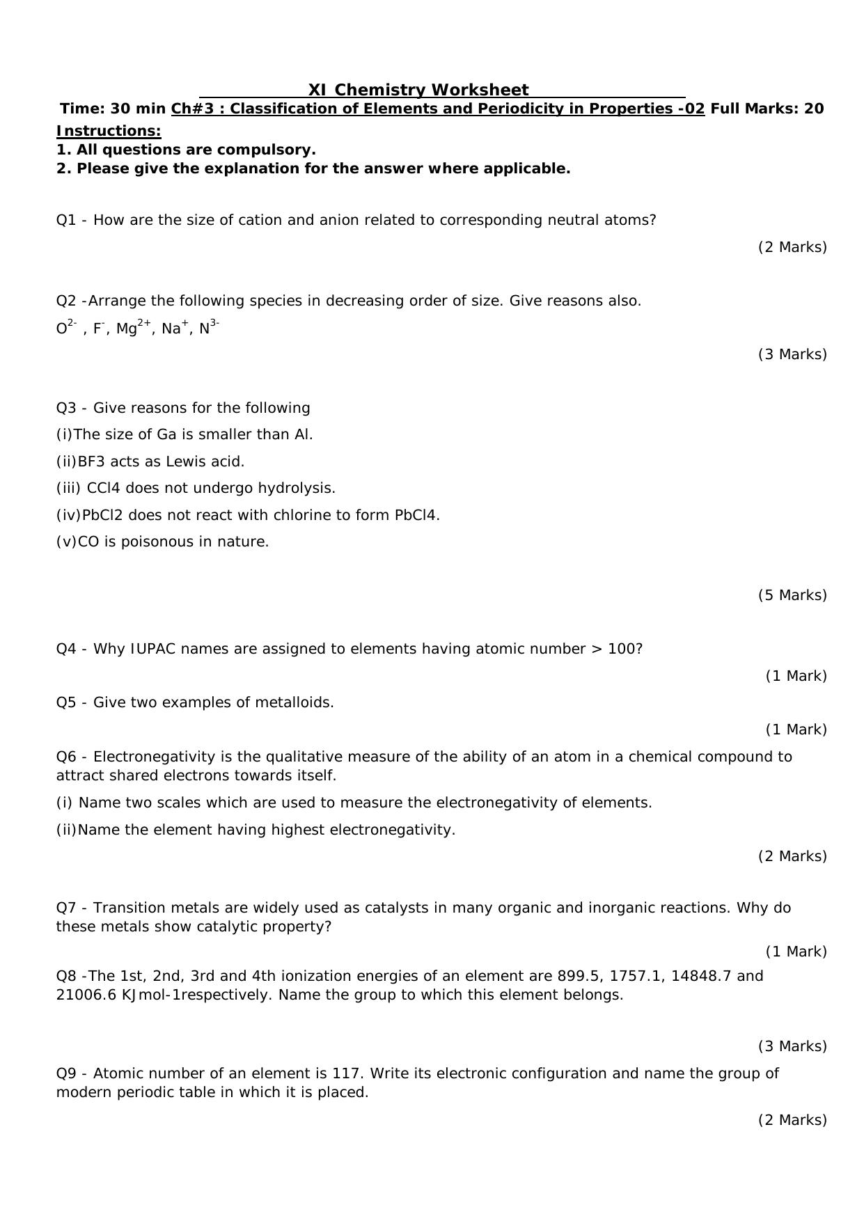 CBSE Worksheets for Class 11 Chemistry Classification of Elements and Periodicity Assignment 2 - Page 1