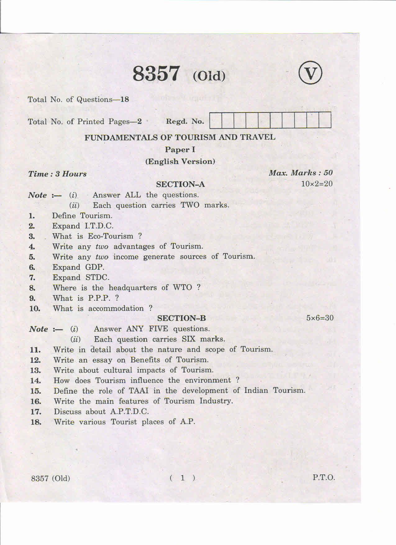 AP Inter 1st Year Fundamentals of Tourism and Travel-I (Old) May-2019-Vocational Question Paper - Page 1