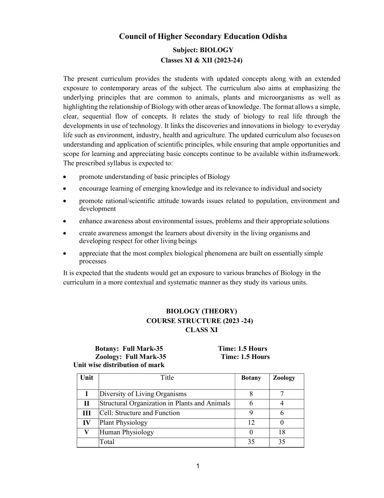 CHSE Odisha Class 12 Syllabus for BIOLOGY - Page 1