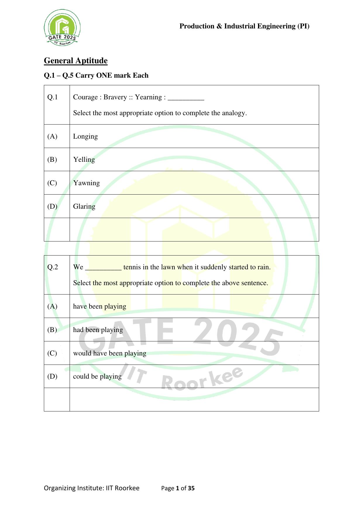 GATE 2025 Production and Industrial Engineering (PI) Question Paper - Page 1