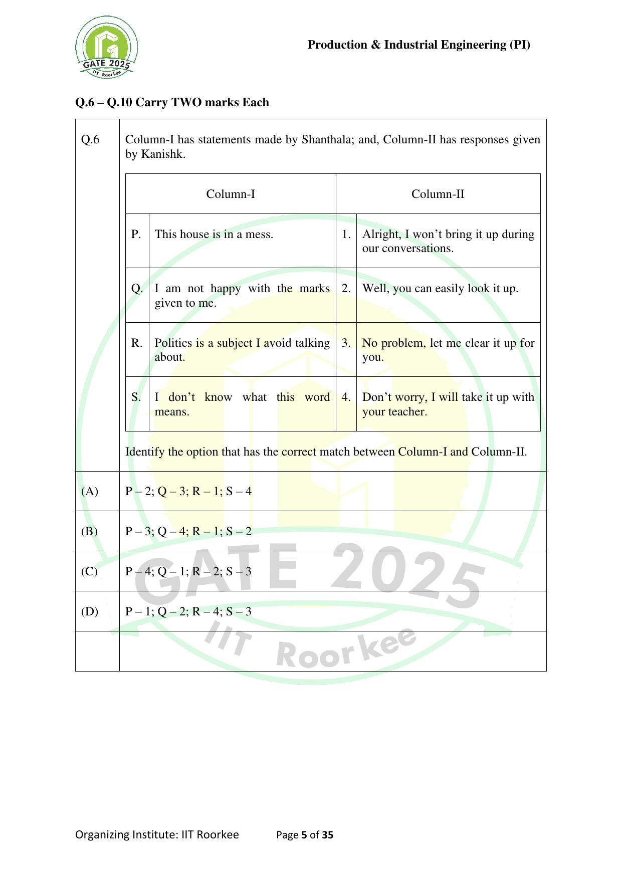 GATE 2025 Production and Industrial Engineering (PI) Question Paper - Page 5