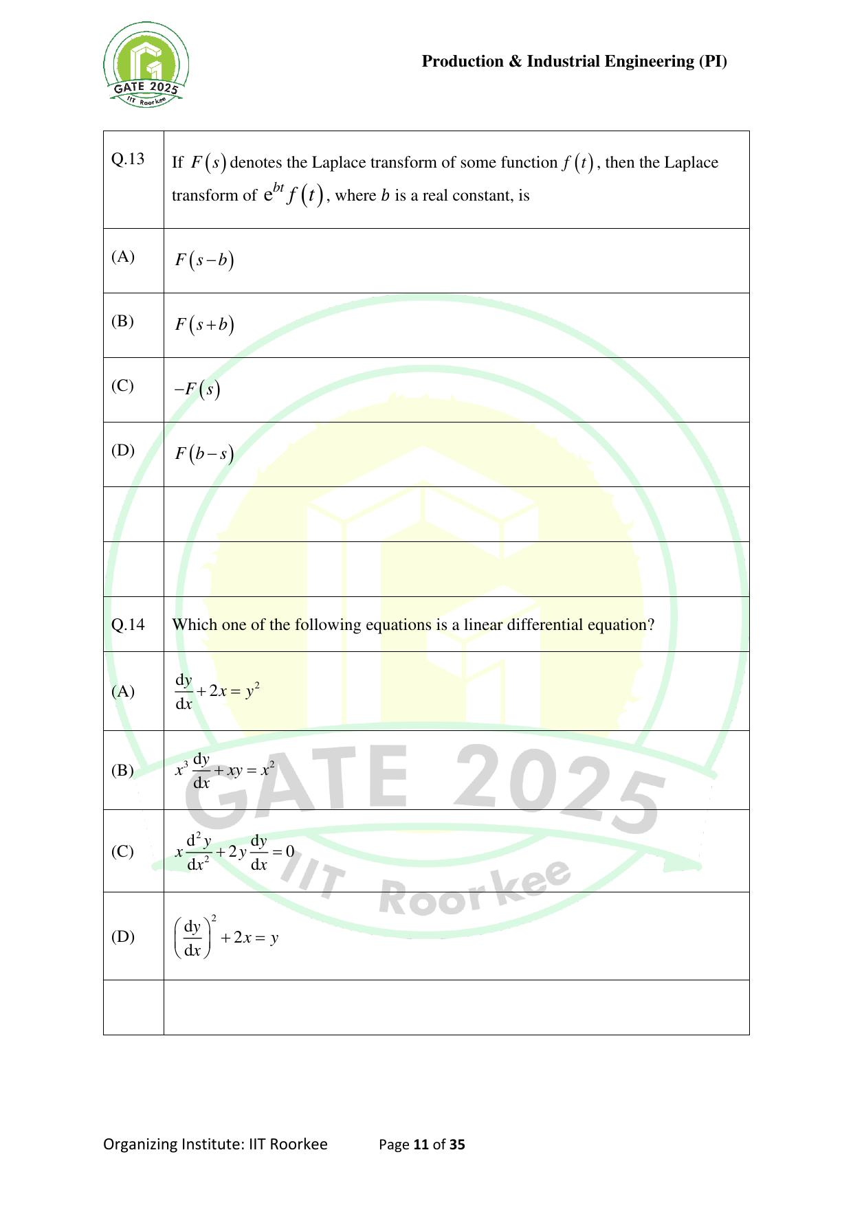 GATE 2025 Production and Industrial Engineering (PI) Question Paper - Page 11