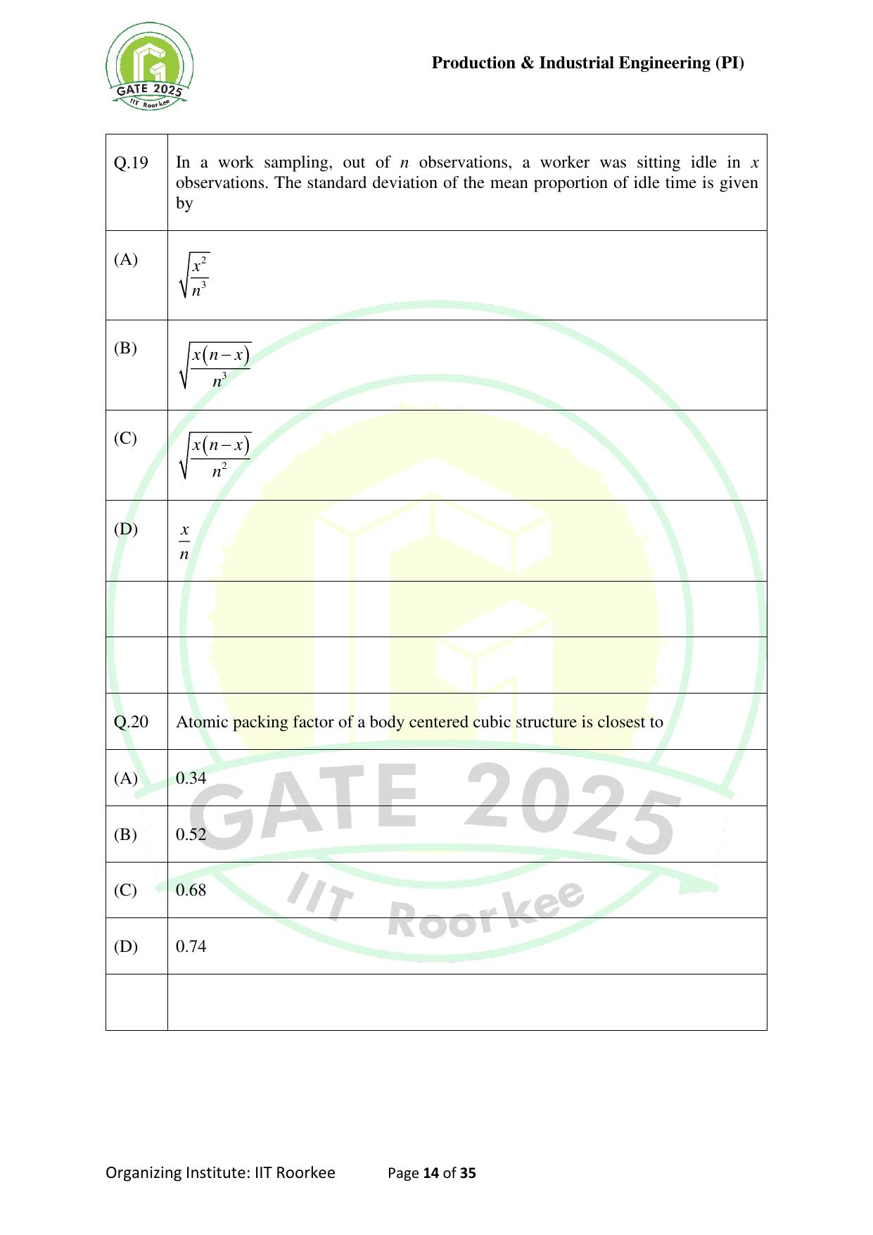 GATE 2025 Production and Industrial Engineering (PI) Question Paper - Page 14