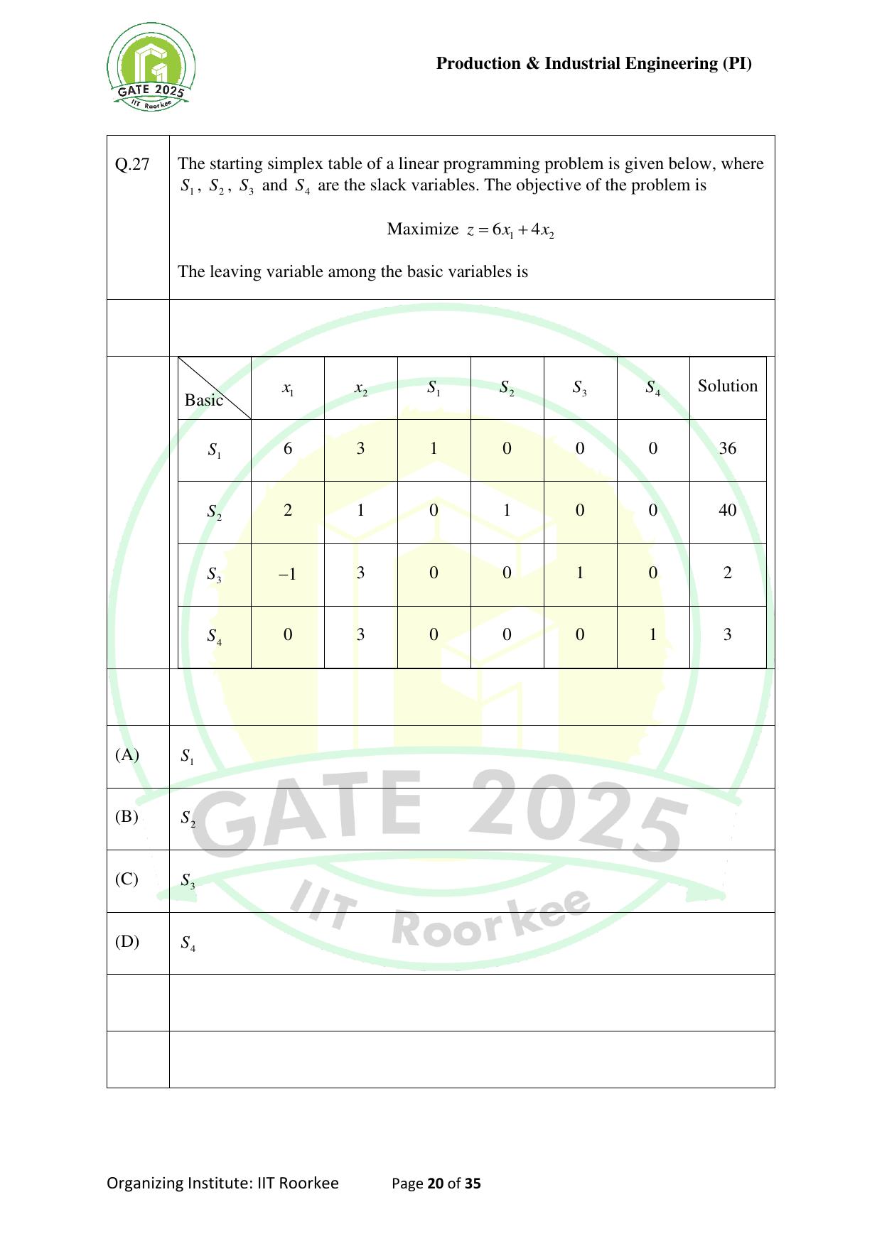 GATE 2025 Production and Industrial Engineering (PI) Question Paper - Page 20