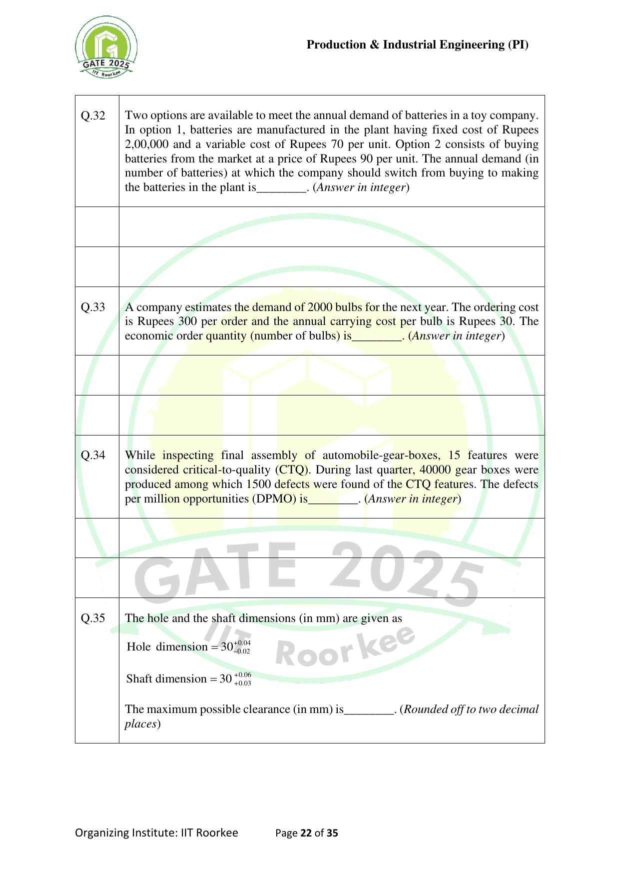 GATE 2025 Production and Industrial Engineering (PI) Question Paper - Page 22
