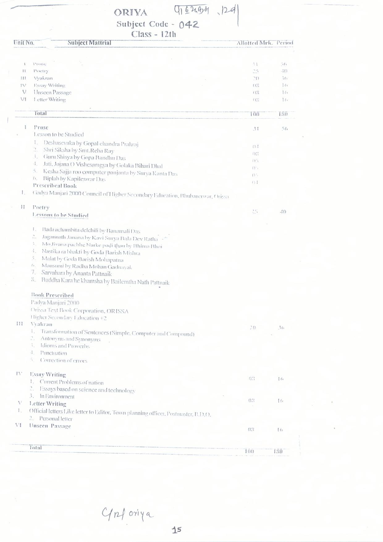 CGBSE Class 12th Syllabus 2021-2022 - Odia - Page 1