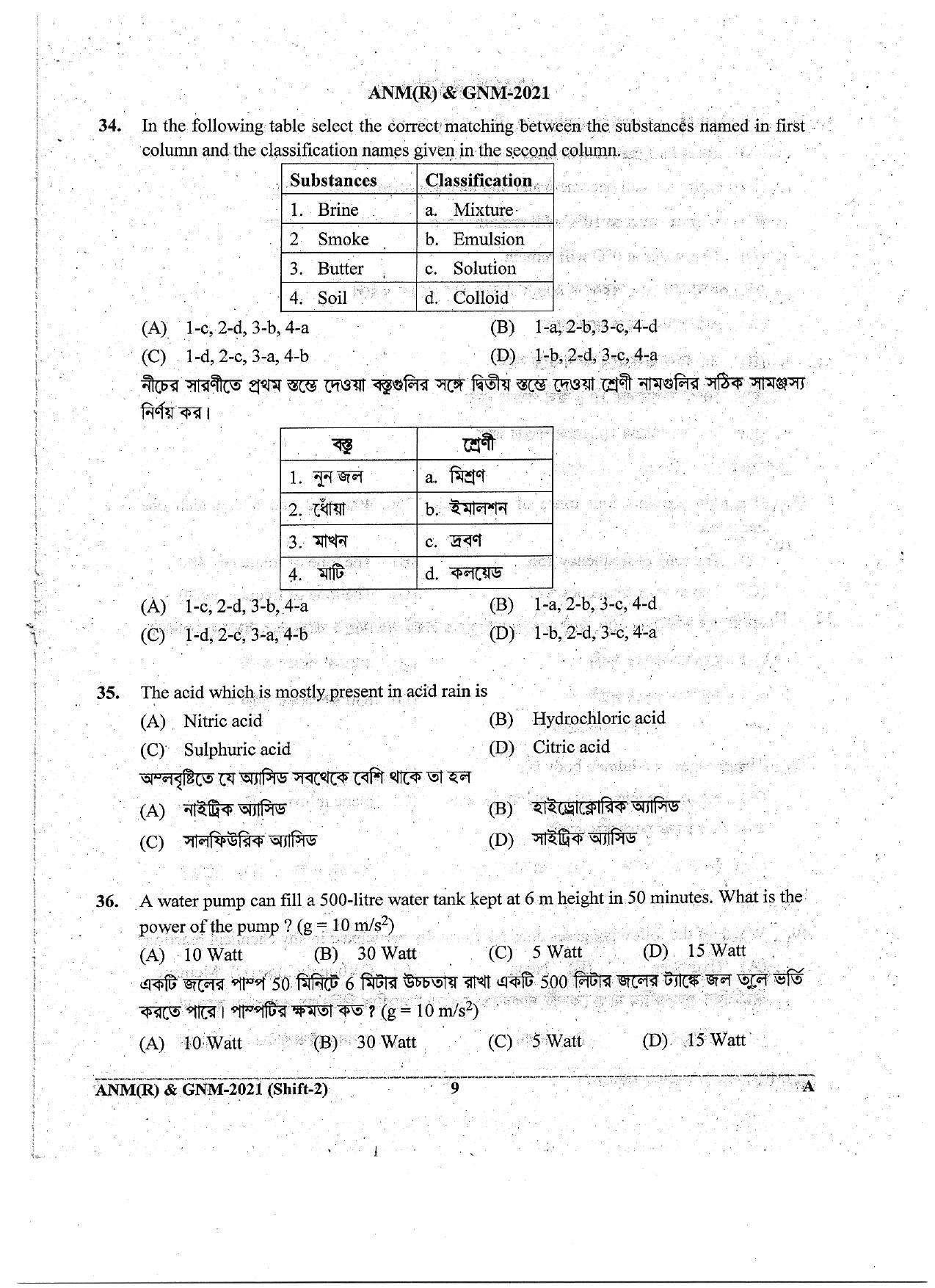 WB ANM GNM 2021 Session II Question Paper - Page 9